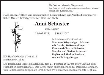 Traueranzeige von Anni Schuster von Trauerportal Echo Online