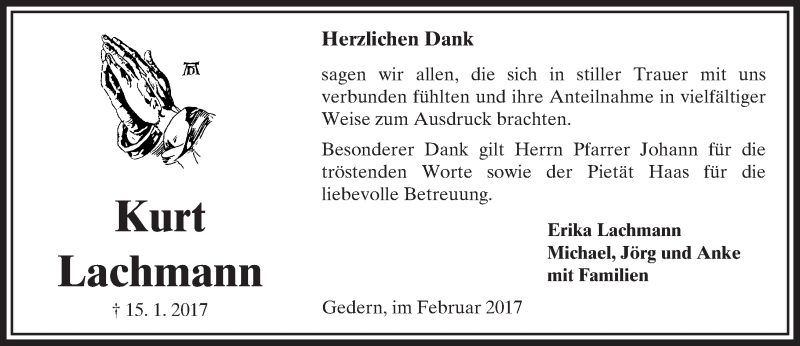  Traueranzeige für Kurt Lachmann vom 11.02.2017 aus  Kreisanzeiger