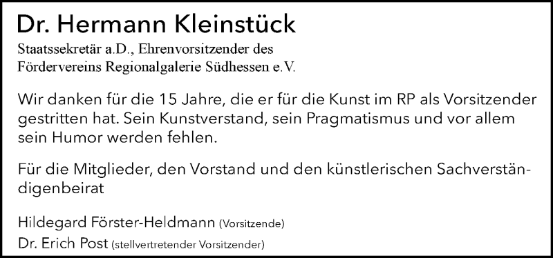  Traueranzeige für Hermann Kleinstück vom 02.02.2017 aus Trauerportal Echo Online