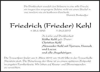 Traueranzeige von Friedrich Kehl von Trauerportal Rhein Main Presse