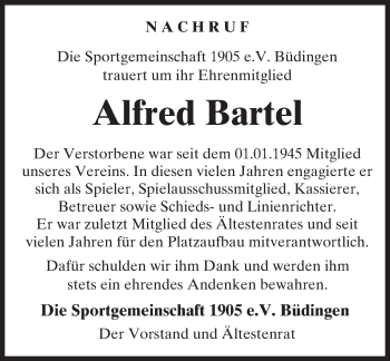 Traueranzeige von Alfred Bartel von  Kreisanzeiger