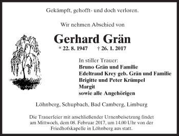 Traueranzeige von Gerhard Grän von  Camberger Anzeiger
