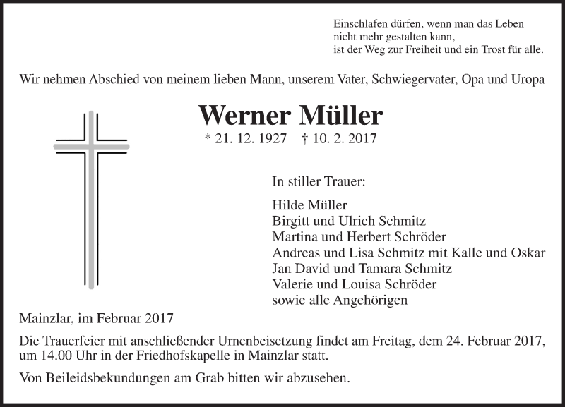  Traueranzeige für Werner Müller vom 21.02.2017 aus  Gießener Anzeiger