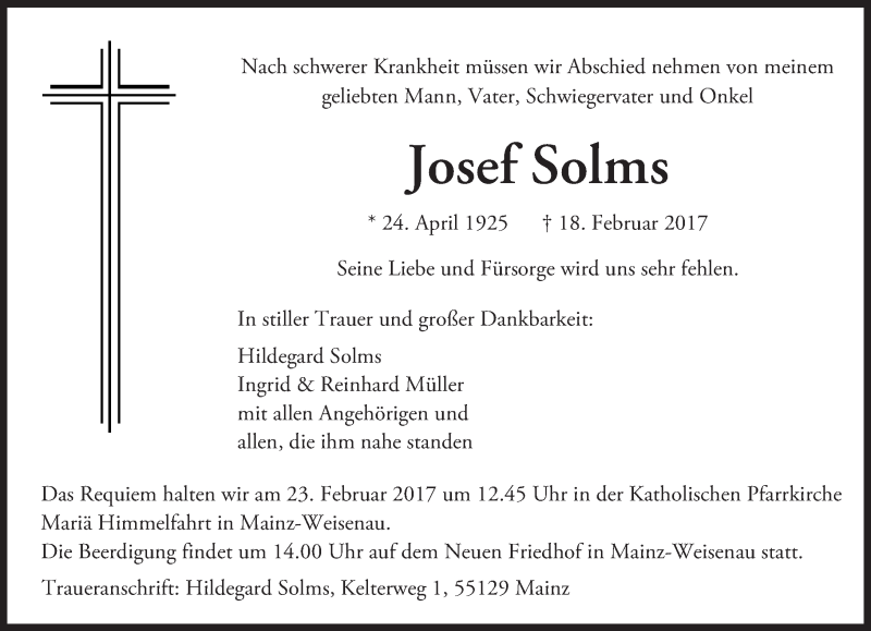  Traueranzeige für Josef Solms vom 22.02.2017 aus Trauerportal Rhein Main Presse