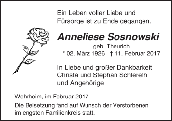 Traueranzeige von Anneliese Sosnowski von  Usinger Anzeiger
