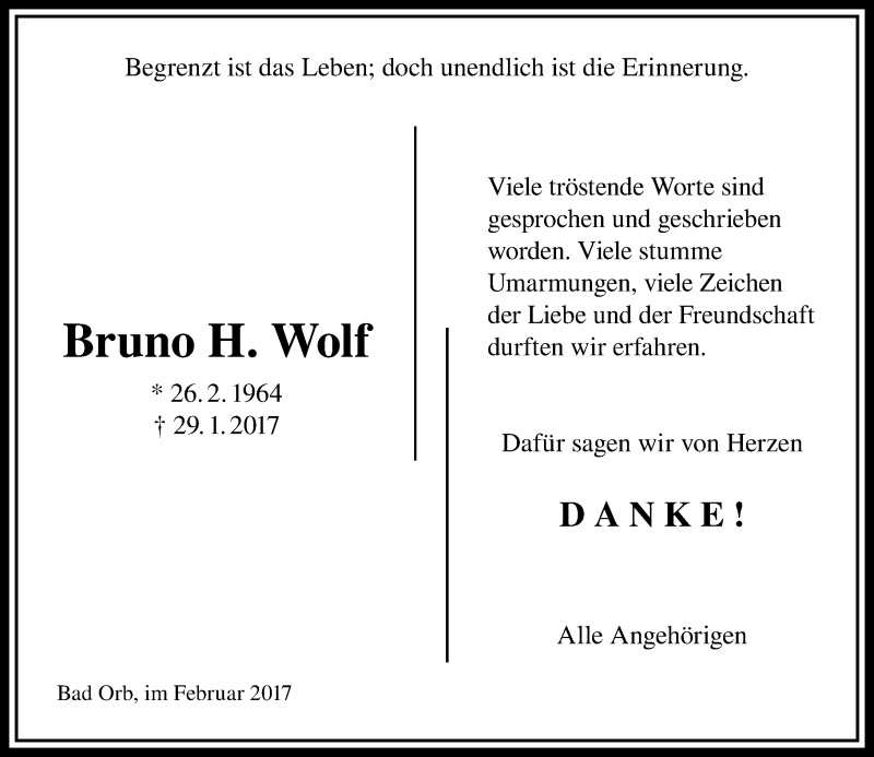  Traueranzeige für Bruno Wolf vom 15.02.2017 aus  Gelnhäuser Tageblatt