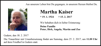 Traueranzeige von Martha Kaiser von  Kreisanzeiger