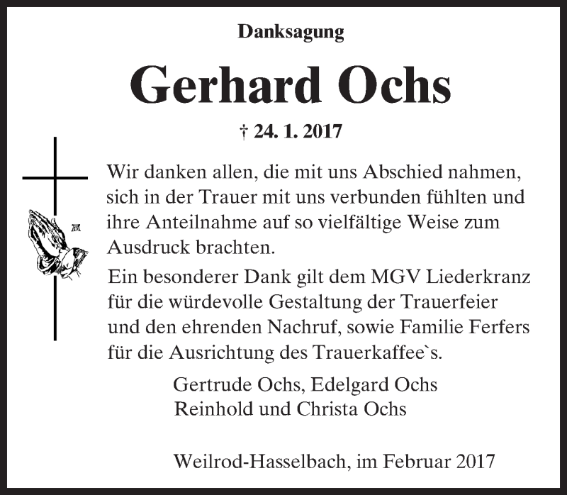  Traueranzeige für Gerhard Ochs vom 16.02.2017 aus  Camberger Anzeiger