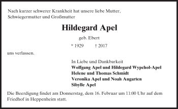 Traueranzeige von Hildegard Apel von Trauerportal Echo Online