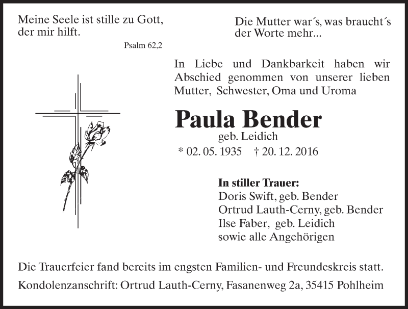  Traueranzeige für Paula Bender vom 18.02.2017 aus  Gießener Anzeiger