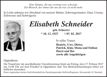 Traueranzeige von Elisabeth Schneider von Trauerportal Rhein Main Presse