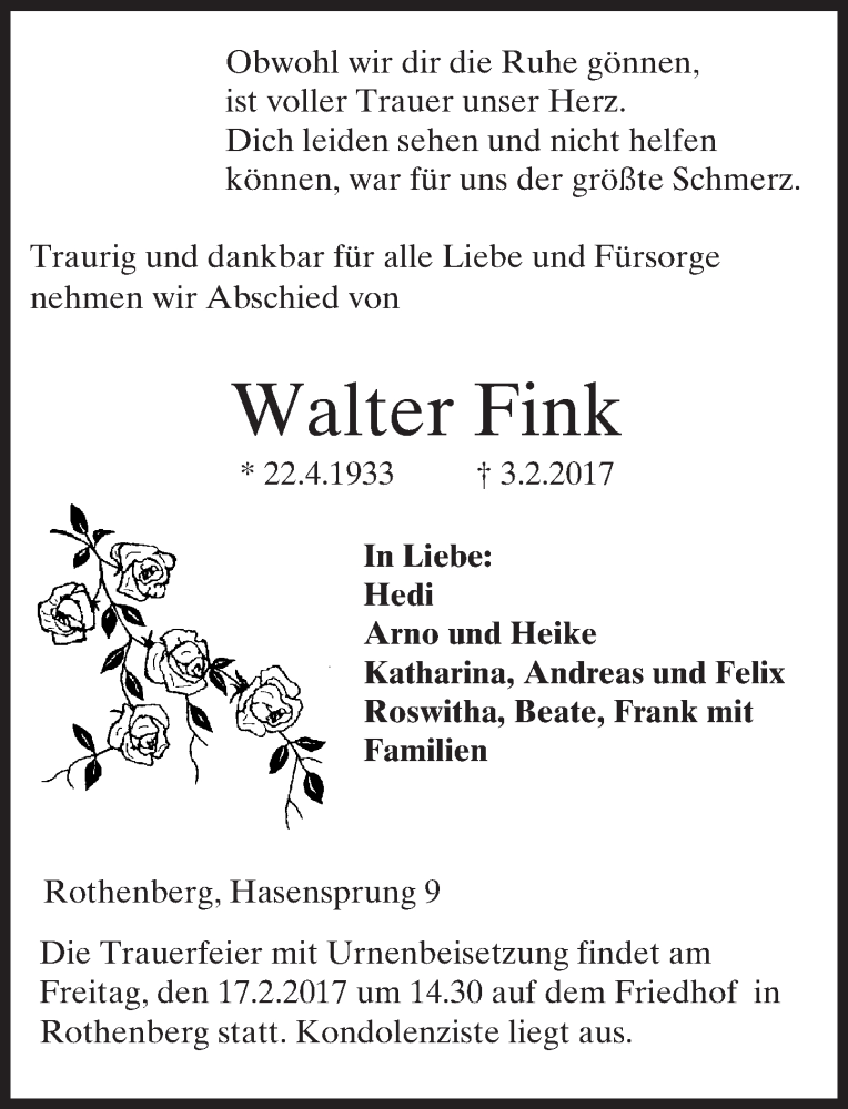  Traueranzeige für Walter Fink vom 15.02.2017 aus Trauerportal Echo Online