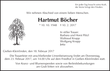 Traueranzeige von Hartmut Böcher von  Gießener Anzeiger