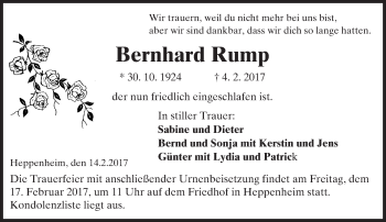 Traueranzeige von Bernhard Rump von Trauerportal Echo Online