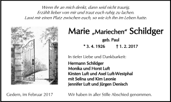 Traueranzeige von Marie Schildger von  Kreisanzeiger