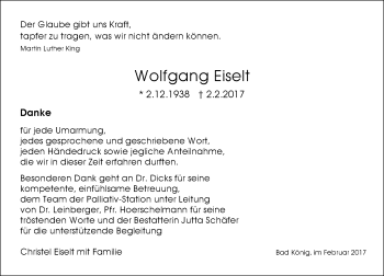 Traueranzeige von Wolfgang Eiselt von Trauerportal Echo Online