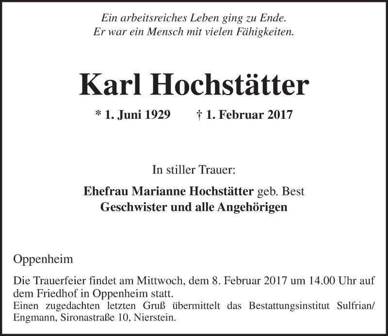  Traueranzeige für Karl Hochstätter vom 04.02.2017 aus Trauerportal Rhein Main Presse
