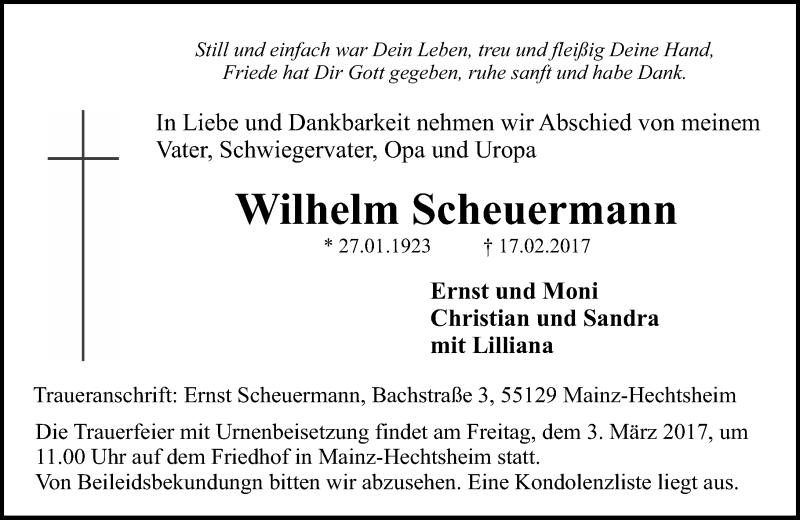  Traueranzeige für Wilhelm Scheuermann vom 25.02.2017 aus Trauerportal Rhein Main Presse
