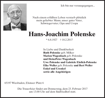 Traueranzeige von Hans-Joachim Polenske von Trauerportal Rhein Main Presse