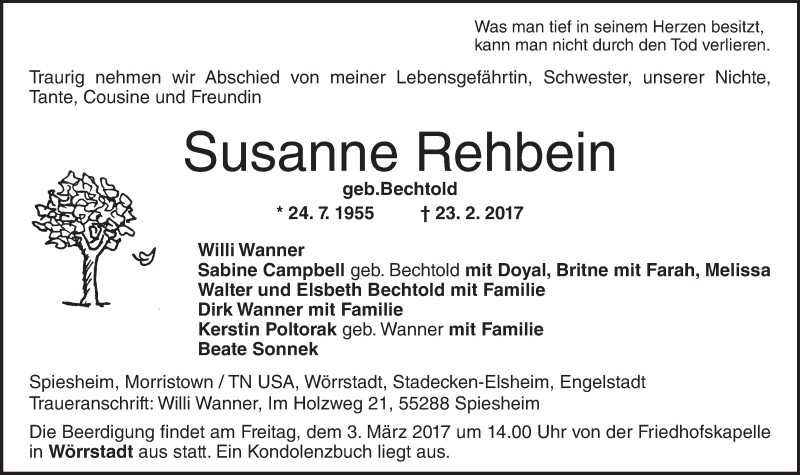  Traueranzeige für Susanne Rehbein vom 01.03.2017 aus Trauerportal Rhein Main Presse