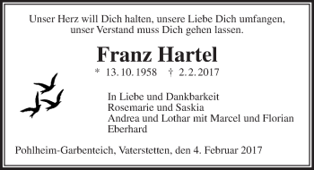 Traueranzeige von Franz Hartel von  Gießener Anzeiger