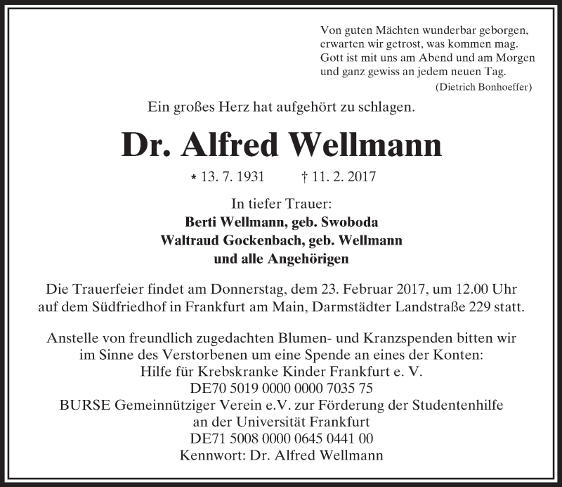  Traueranzeige für Alfred Wellmann vom 16.02.2017 aus  Kreisanzeiger