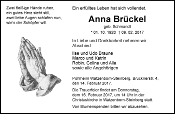 Traueranzeige von Anna Brückel von  Gießener Anzeiger