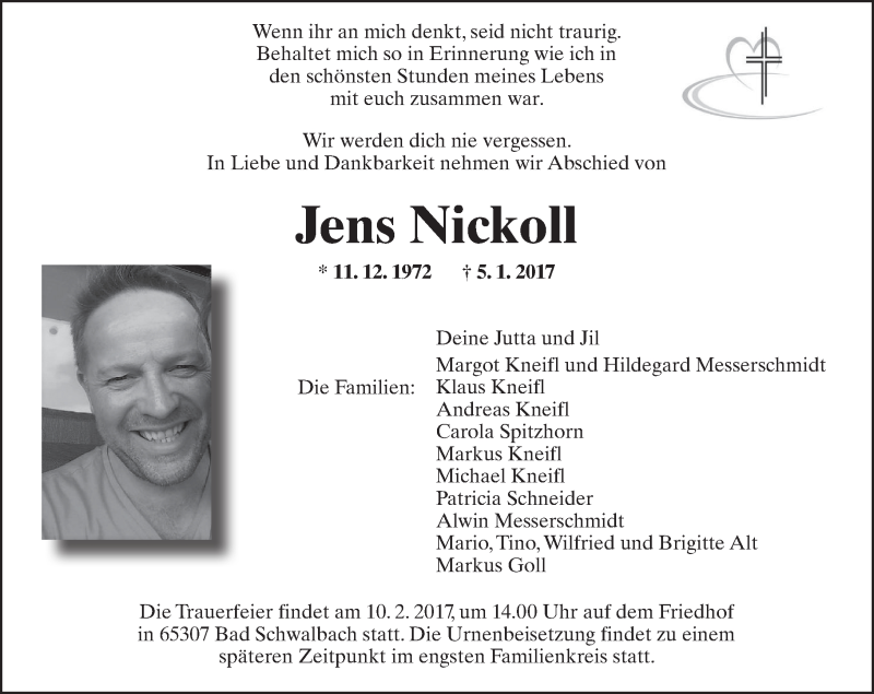  Traueranzeige für Jens Nickoll vom 04.02.2017 aus  Kreisanzeiger