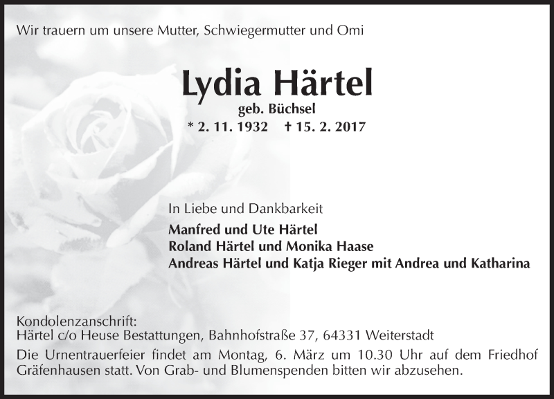  Traueranzeige für Lydia Härte vom 25.02.2017 aus Trauerportal Echo Online