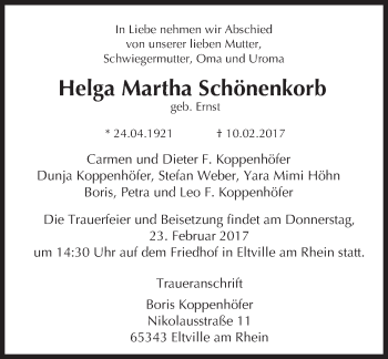 Traueranzeige von Helga Martha Schönenkorb von Trauerportal Rhein Main Presse