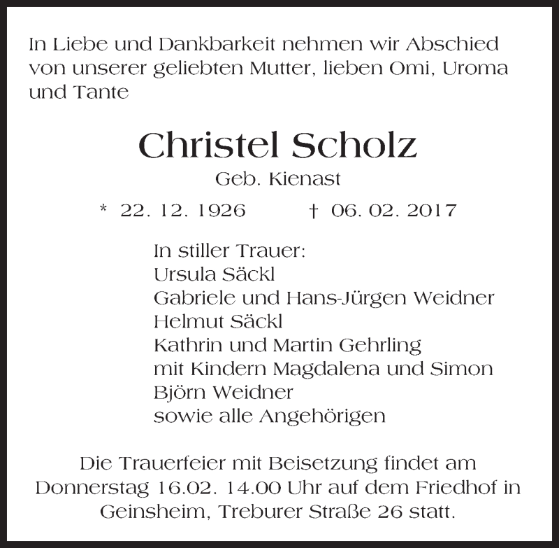  Traueranzeige für Christel Scholz vom 10.02.2017 aus Trauerportal Echo Online