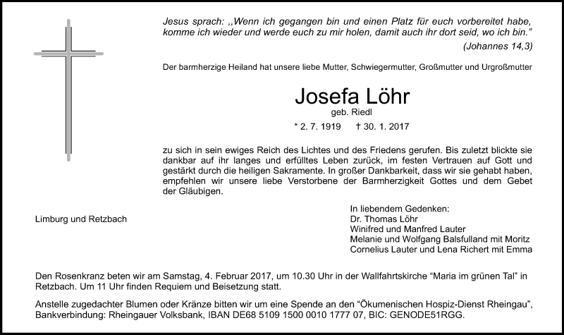  Traueranzeige für Josefa Löhr vom 02.02.2017 aus Trauerportal Rhein Main Presse