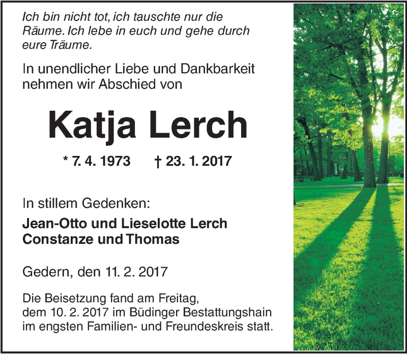  Traueranzeige für Katja Lerch vom 11.02.2017 aus  Kreisanzeiger