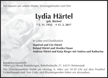 Traueranzeige von Lydia Härte von Trauerportal Echo Online