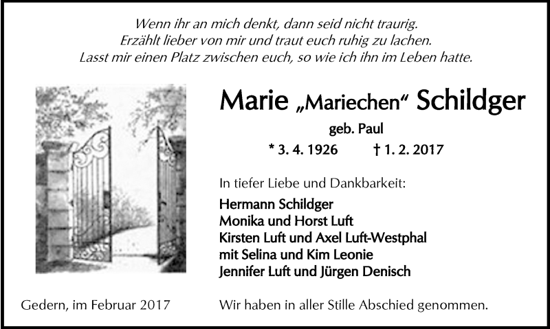  Traueranzeige für Marie Schildger vom 18.02.2017 aus  Kreisanzeiger