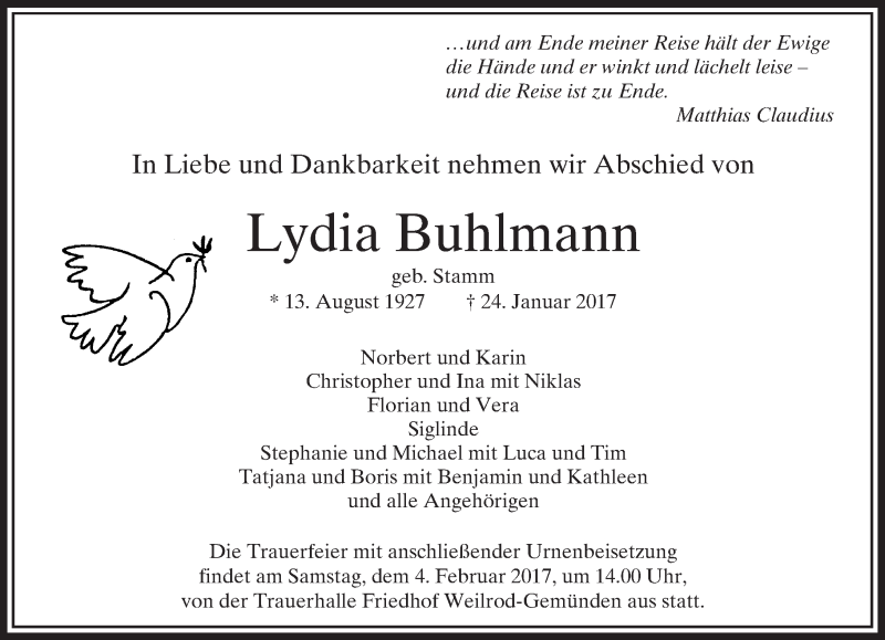  Traueranzeige für Lydia Buhlmann vom 01.02.2017 aus  Usinger Anzeiger