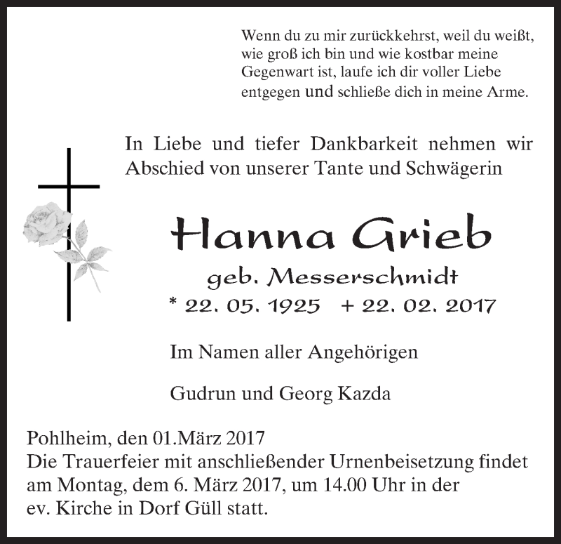  Traueranzeige für Hanna Grieb vom 01.03.2017 aus  Gießener Anzeiger