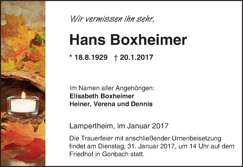  Traueranzeige für Hans Boxheimer vom 30.01.2017 aus Trauerportal Echo Online