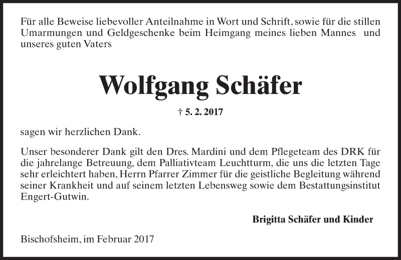  Traueranzeige für Wolfgang Schäfer vom 25.02.2017 aus Trauerportal Rhein Main Presse
