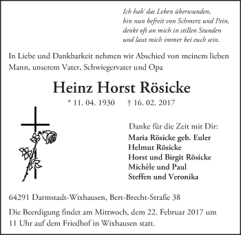 Traueranzeige von Heinz Horst Rösicke von Trauerportal Echo Online