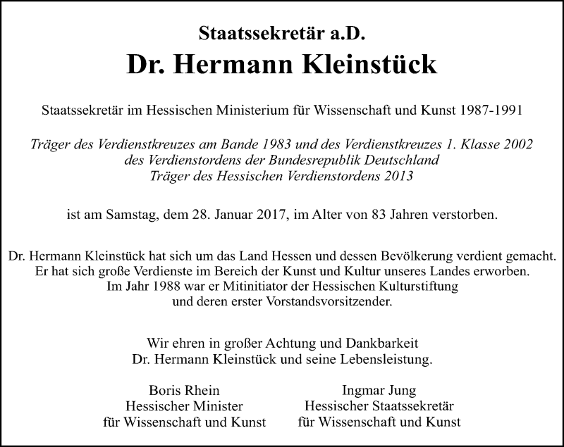  Traueranzeige für Hermann Kleinstück vom 02.02.2017 aus Trauerportal Echo Online