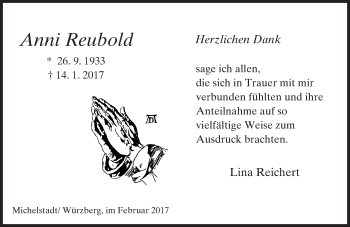 Traueranzeige von Anni Reubold von Trauerportal Echo Online