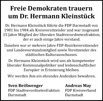 Traueranzeige von Hermann Kleinstück von Trauerportal Echo Online
