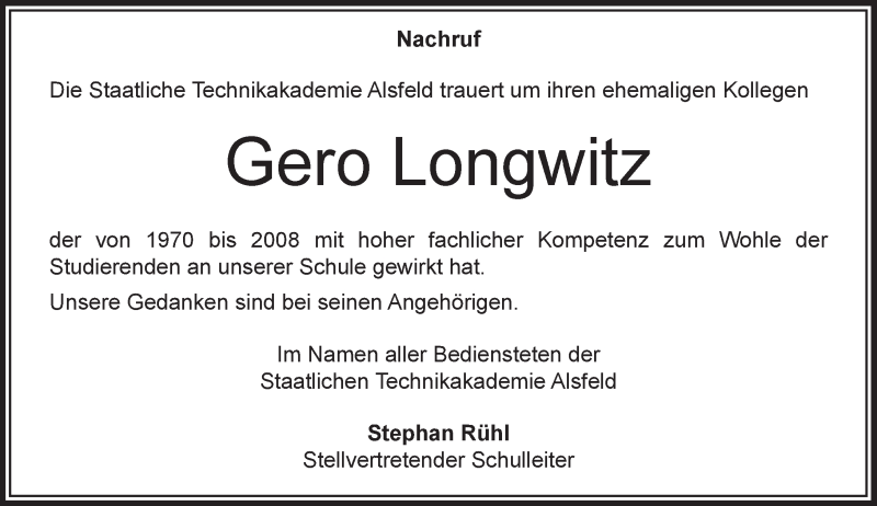  Traueranzeige für Gero Longwitz vom 01.03.2017 aus VRM Trauer