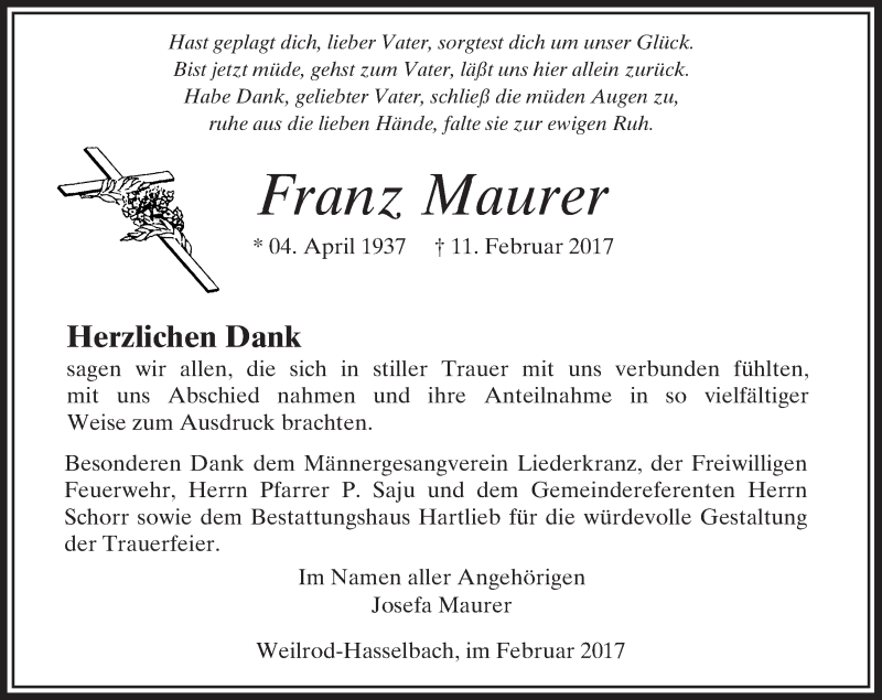  Traueranzeige für Franz Maurer vom 23.02.2017 aus  Camberger Anzeiger