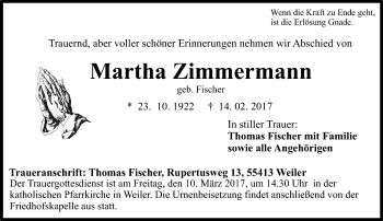 Traueranzeige von Martha Zimmermann von Trauerportal Rhein Main Presse