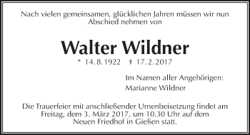 Traueranzeige von Walter Wildner von  Gießener Anzeiger