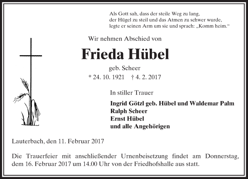  Traueranzeige für Frieda Hübel vom 11.02.2017 aus VRM Trauer