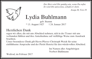 Traueranzeige von Lydia Buhlmann von  Usinger Anzeiger