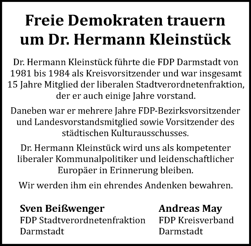  Traueranzeige für Hermann Kleinstück vom 04.02.2017 aus Trauerportal Echo Online